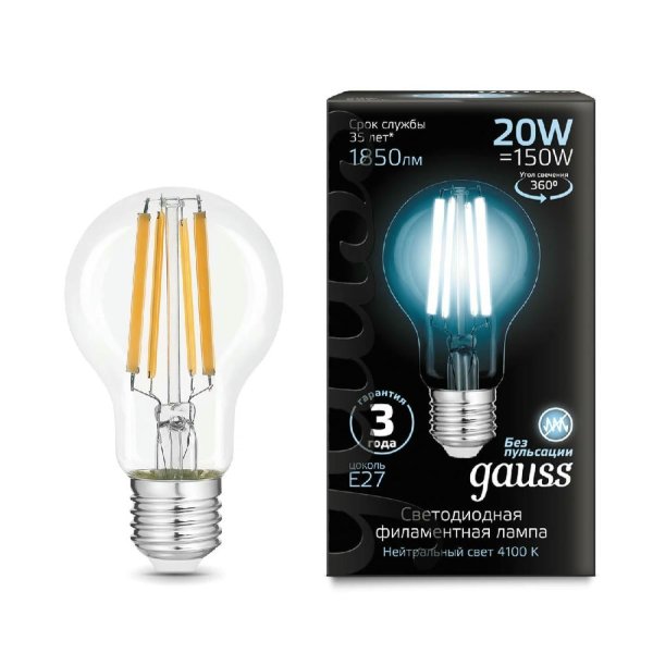Лампа светодиодная филаментная Gauss E27 20W 4100K груша прозрачная 102902220