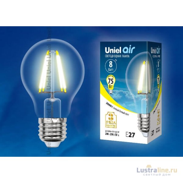 Лампа светодиодная филаментная Uniel E27 8W 3000K груша прозрачная LED-A60-8W/WW/E27/CL GLA01TR Набор из 5штук UL-00008080