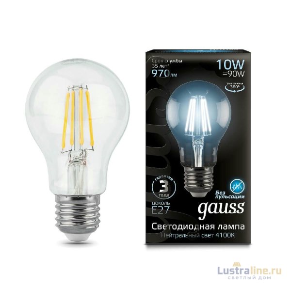 Лампа светодиодная филаментная Gauss E27 10W 4100К прозрачная 102802210 Лампа светодиодная филаментная Gauss E27 10W 4100К прозрачная 102802210