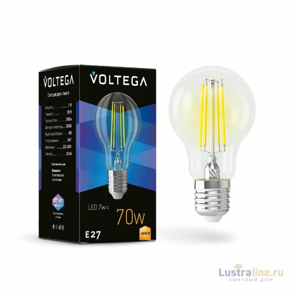 Лампа светодиодная филаментная Voltega E27 7W 3000K груша прозрачная 7225
