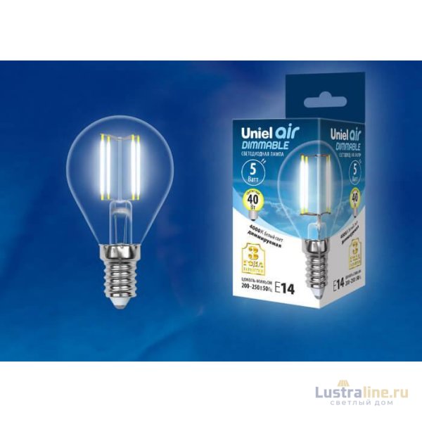 Лампа светодиодная филаментная (UL-00002870) Uniel E14 5W 4000K LED-G45-5W/NW/E14/CL/DIM GLA01TR