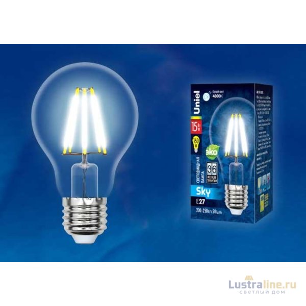 Лампа светодиодная филаментная (UL-00004868) Uniel E27 15W 3000K прозрачная LED-A70-15W/3000K/E27/CL PLS02WH