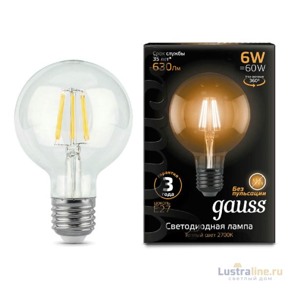 Лампа светодиодная филаментная Gauss E27 6W 2700K прозрачная 105802106