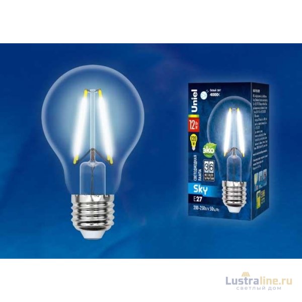 Лампа светодиодная филаментная (UL-00004866) Uniel E27 12W 3000K прозрачная LED-A60-12W/3000K/E27/CL PLS02WH