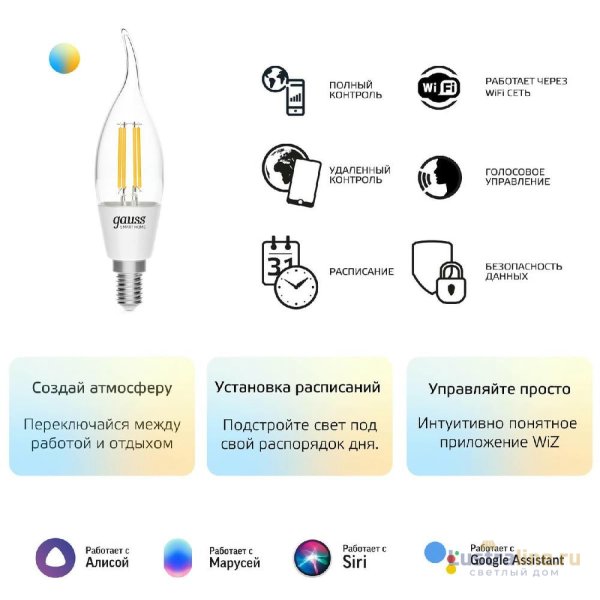 Лампа светодиодная диммируемая филаментная Gauss E14 4,5W 2000-6500K прозрачная 1280112