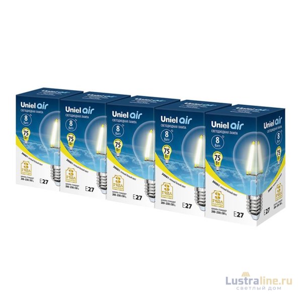 Лампа светодиодная филаментная Uniel E27 8W 3000K груша прозрачная LED-A60-8W/WW/E27/CL GLA01TR Набор из 5штук UL-00008080