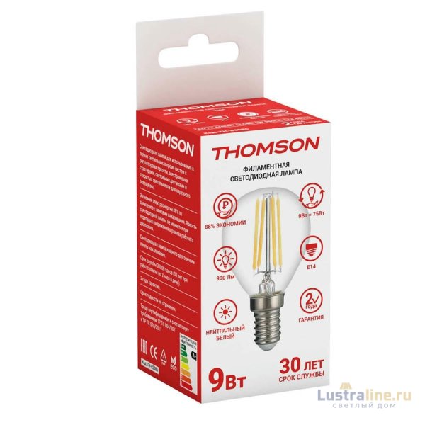 Лампа светодиодная филаментная Thomson E14 9W 4500K шар прозрачный TH-B2086 УЦ Лампа светодиодная филаментная Thomson E14 9W 4500K шар прозрачный TH-B2086 УЦ