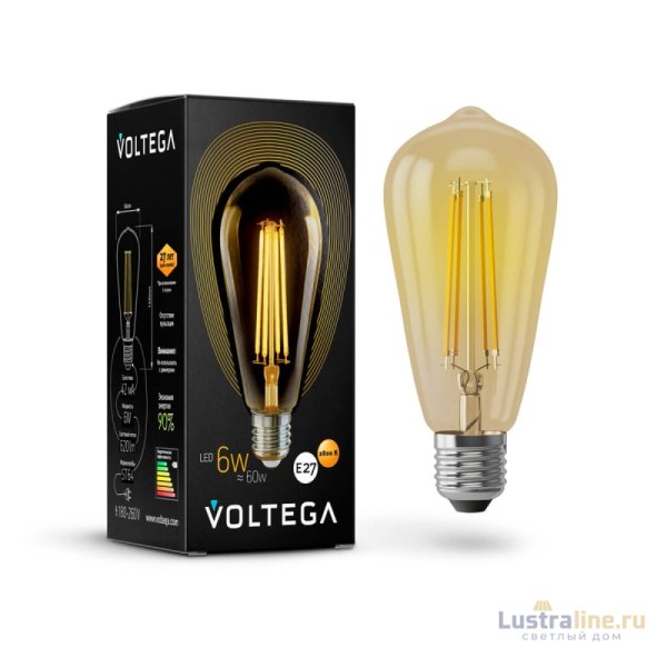 Лампа светодиодная филаментная Voltega E27 6W 2800К золотая VG10-ST64Gwarm6W 5526 Лампа светодиодная филаментная Voltega E27 6W 2800К золотая VG10-ST64Gwarm6W 5526