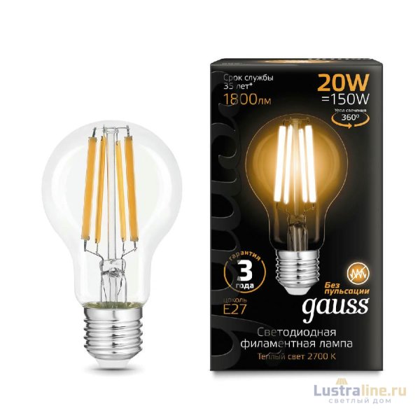 Лампа светодиодная филаментная Gauss E27 20W 2700K груша прозрачная 102902120 Лампа светодиодная филаментная Gauss E27 20W 2700K груша прозрачная 102902120