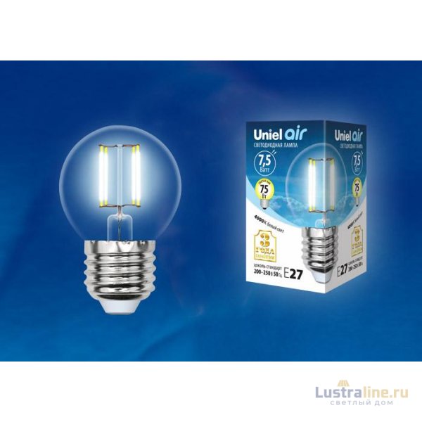 Лампа светодиодная филаментная (UL-00003252) Uniel E27 7,5W 3000K прозрачная LED-G45-7,5W/WW/E27/CL GLA01TR Лампа светодиодная филаментная (UL-00003252) Uniel E27 7,5W 3000K прозрачная LED-G45-7,5W/WW/E27/CL GLA01TR