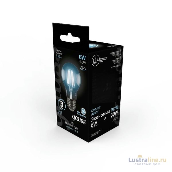 Лампа светодиодная филаментная Gauss E27 6W 4100К прозрачная 1/10/50 102802206 Лампа светодиодная филаментная Gauss E27 6W 4100К прозрачная 1/10/50 102802206