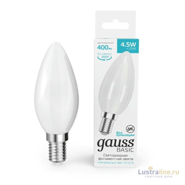 Светодиодная филаментная лампа Gauss Basic Filament E14 4,5W 4100K 1035125 Светодиодная филаментная лампа Gauss Basic Filament E14 4,5W 4100K 1035125