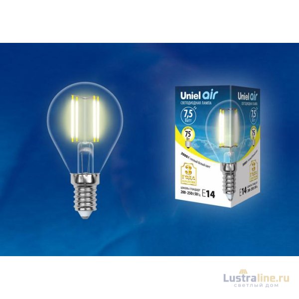 Лампа светодиодная филаментная (UL-00003248) Uniel E14 7,5W 3000K прозрачная LED-CW35-7,5W/WW/E14/CL GLA01TR Лампа светодиодная филаментная (UL-00003248) Uniel E14 7,5W 3000K прозрачная LED-CW35-7,5W/WW/E14/CL GLA01TR