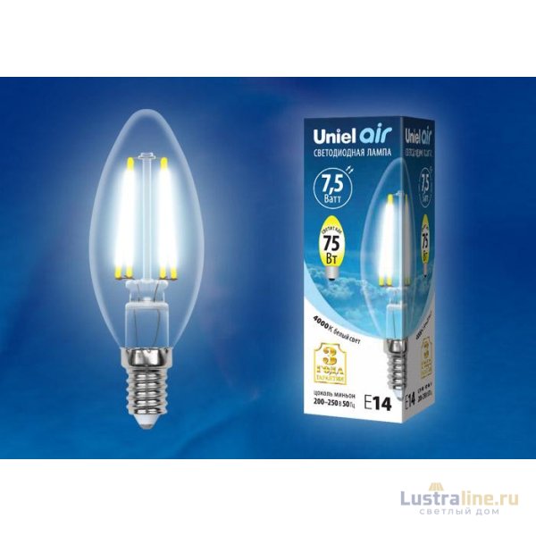 Лампа светодиодная филаментная (UL-00003245) Uniel E14 7,5W 3000K прозрачная LED-C35-7,5W/WW/E14/CL GLA01TR Лампа светодиодная филаментная (UL-00003245) Uniel E14 7,5W 3000K прозрачная LED-C35-7,5W/WW/E14/CL GLA01TR