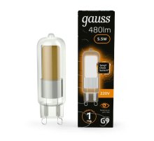 Лампа светодиодная Gauss G9 5.5W 3000K прозрачная 107809105