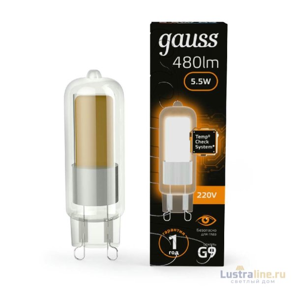 Лампа светодиодная Gauss G9 5.5W 3000K прозрачная 107809105 Лампа светодиодная Gauss G9 5.5W 3000K прозрачная 107809105