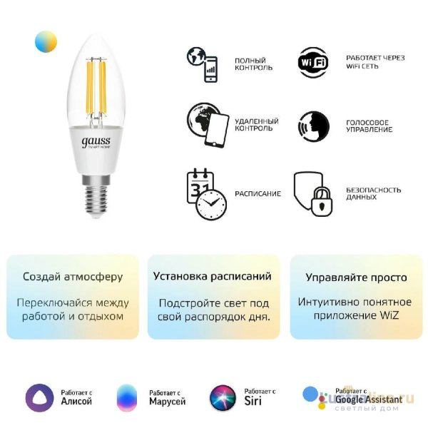 Лампа светодиодная диммируемая филаментная Gauss E14 4,5W 2000-6500K прозрачная 1250112