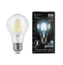 Лампа светодиодная филаментная Gauss E27 8W 4100К прозрачная 102802208