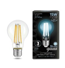 Лампа светодиодная филаментная Gauss E27 15W 4100K груша прозрачная 102902215
