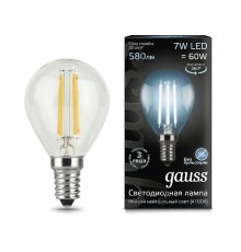 Лампа светодиодная филаментная Gauss E14 7W 4100К прозрачная 105801207