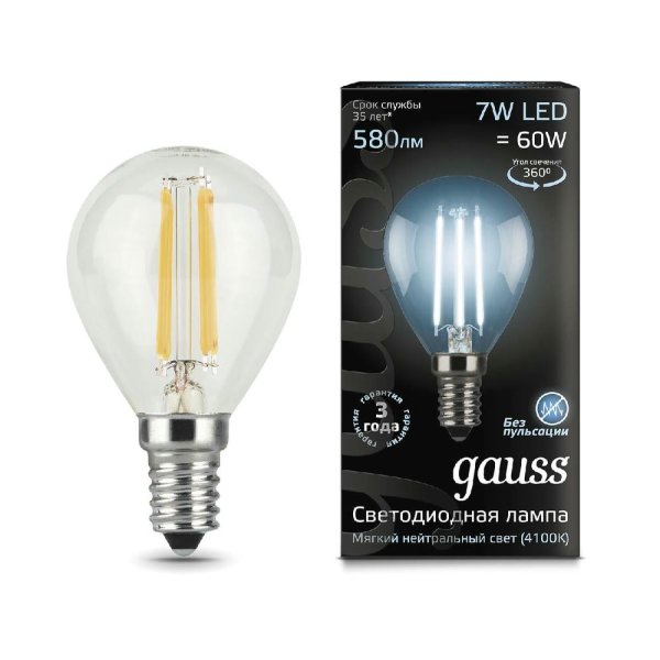 Лампа светодиодная филаментная Gauss E14 7W 4100К прозрачная 105801207