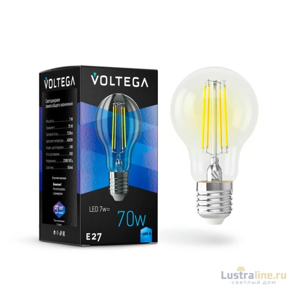 Лампа светодиодная Voltega E27 7W 4000K груша прозрачная VG10-A60E27cold7W-F 7141