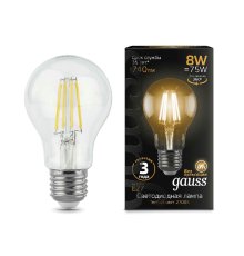 Лампа светодиодная филаментная Gauss E27 8W 2700К прозрачная 102802108