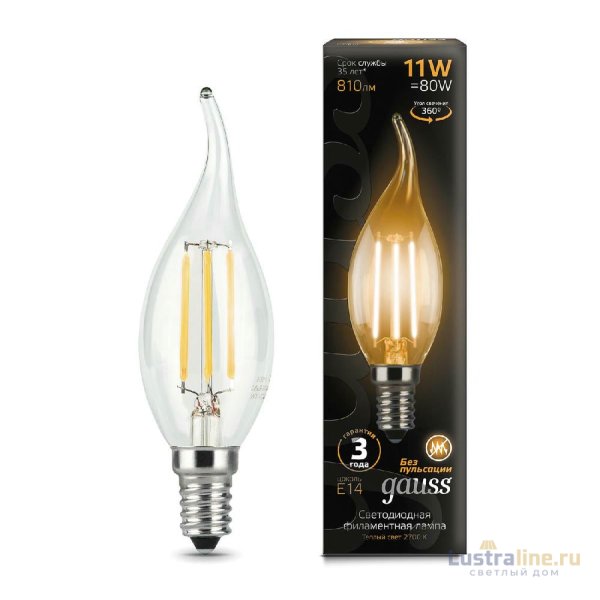 Лампа светодиодная филаментная Gauss E14 11W 2700К прозрачная 104801111