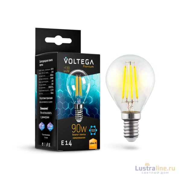 Лампа светодиодная филаментная Voltega E14 7W 2800K шар прозрачный VG10-G45E14warm9W-F 7136 Лампа светодиодная филаментная Voltega E14 7W 2800K шар прозрачный VG10-G45E14warm9W-F 7136
