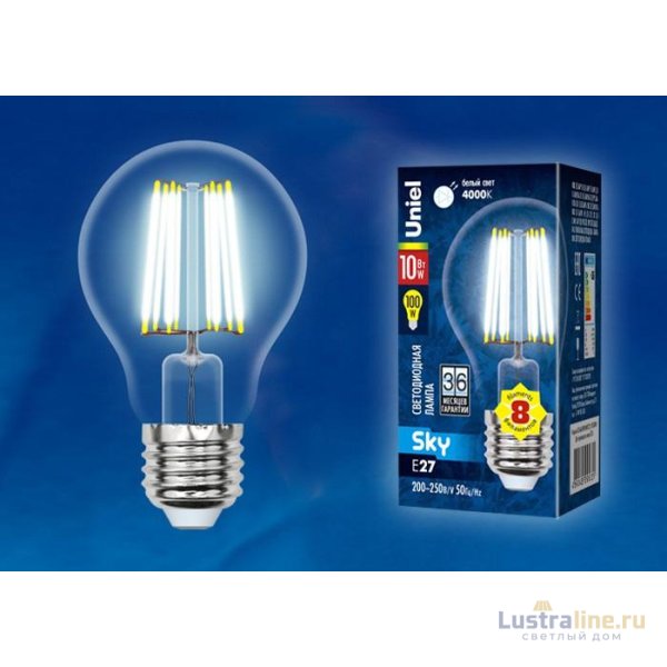 Лампа светодиодная филаментная (UL-00002625) Uniel E27 10W 3000K прозрачная LED-A60-10W/WW/E27/CL PLS02WH