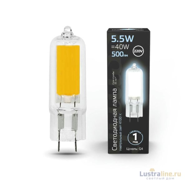 Лампа светодиодная Gauss G4 5.5W 4100K прозрачная 107807205 Лампа светодиодная Gauss G4 5.5W 4100K прозрачная 107807205