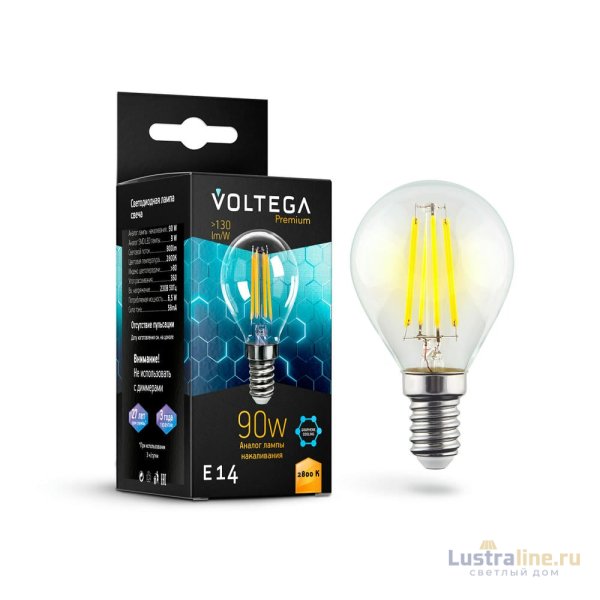 Лампа светодиодная филаментная Voltega E14 7W 2800K шар прозрачный VG10-G45E14warm9W-F 7136 Лампа светодиодная филаментная Voltega E14 7W 2800K шар прозрачный VG10-G45E14warm9W-F 7136