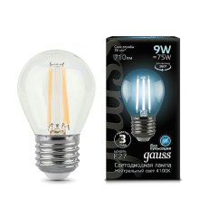 Лампа светодиодная филаментная Gauss E27 9W 4100К прозрачная 105802209