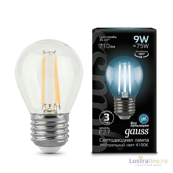 Лампа светодиодная филаментная Gauss E27 9W 4100К прозрачная 105802209 Лампа светодиодная филаментная Gauss E27 9W 4100К прозрачная 105802209