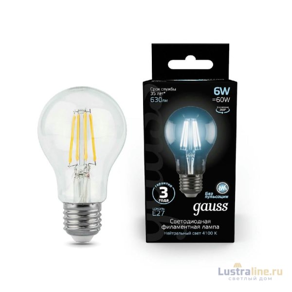Лампа светодиодная филаментная Gauss E27 6W 4100К прозрачная 1/10/50 102802206 Лампа светодиодная филаментная Gauss E27 6W 4100К прозрачная 1/10/50 102802206