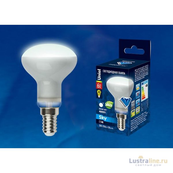 Лампа светодиодная рефлекторная (UL-00001491) Uniel E14 6W 3000K матовая LED-R50-6W/WW/E14/FR PLS02WH Лампа светодиодная рефлекторная (UL-00001491) Uniel E14 6W 3000K матовая LED-R50-6W/WW/E14/FR PLS02WH