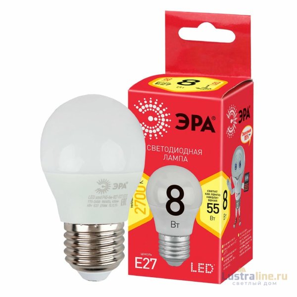 Лампа светодиодная Эра E27 8W 2700K LED P45-8W-827-E27 R Б0053028 Лампа светодиодная Эра E27 8W 2700K LED P45-8W-827-E27 R Б0053028
