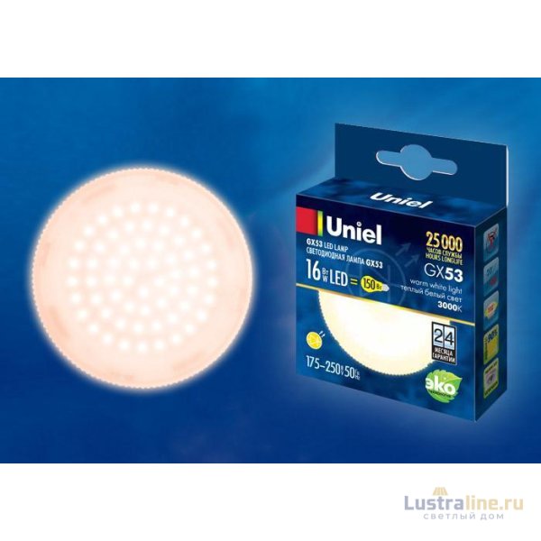 Лампа светодиодная (UL-00003726) Uniel GX53 16W 3000K матовая LED-GX53-16W/WW/GX53/FR PLZ01WH Лампа светодиодная (UL-00003726) Uniel GX53 16W 3000K матовая LED-GX53-16W/WW/GX53/FR PLZ01WH
