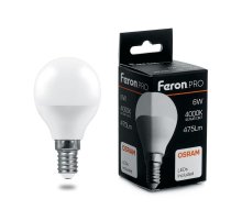 Лампа светодиодная Feron E14 6W 4000K шар матовый LB-1406 38066
