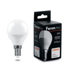 Лампа светодиодная Feron E14 6W 4000K шар матовый LB-1406 38066