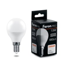 Лампа светодиодная Feron.PRO LB-1407 шар E14 7.5W 4000K 38072