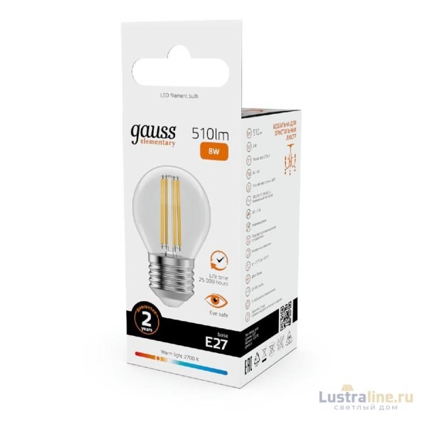 Лампа светодиодная Gauss Filament Elementary E27 8W 2700K 52218 Лампа светодиодная Gauss Filament Elementary E27 8W 2700K 52218