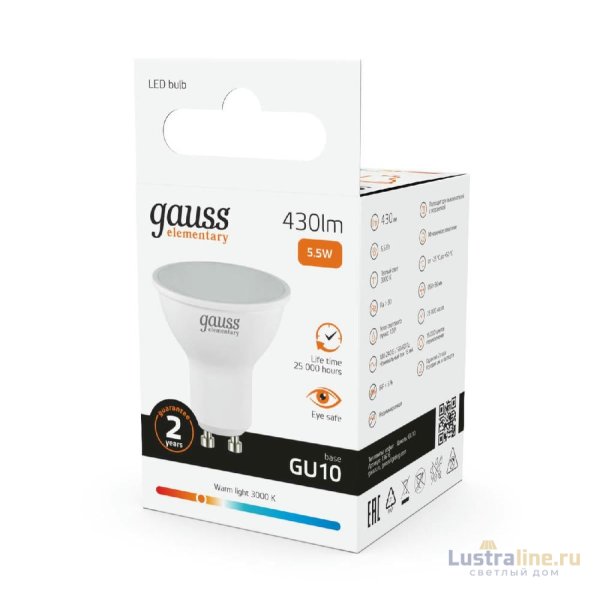 Лампа cветодиодная Gauss GU10 5.5W 3000K матовая 13616 Лампа cветодиодная Gauss GU10 5.5W 3000K матовая 13616