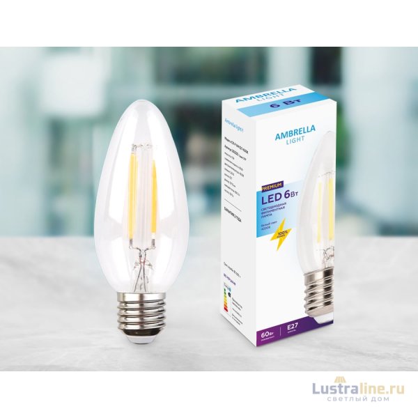 Лампа светодиодная филаментная Ambrella light E27 6W 4200K прозрачная 202220 Лампа светодиодная филаментная Ambrella light E27 6W 4200K прозрачная 202220