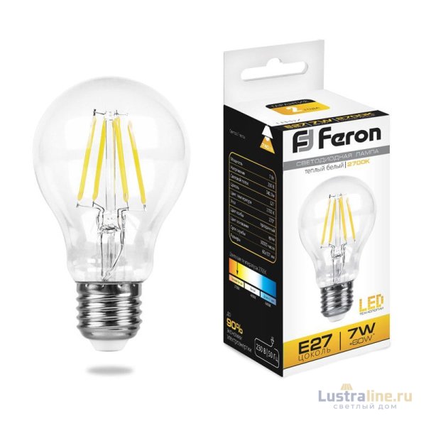 Лампа светодиодная филаментная Feron E27 7W 2700K Шар Прозрачная LB-57 25569 Лампа светодиодная филаментная Feron E27 7W 2700K Шар Прозрачная LB-57 25569