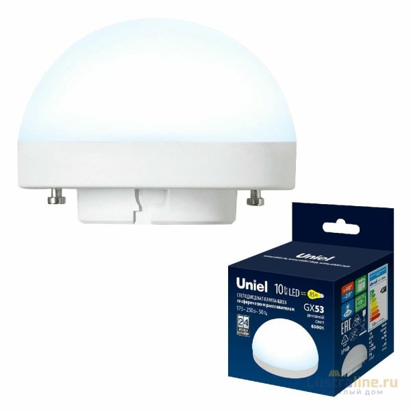 Лампа светодиодная Uniel LED-GX53-10W/6500K/GX53/FR/SPHERE PLZ02WH UL-00011789 Лампа светодиодная Uniel LED-GX53-10W/6500K/GX53/FR/SPHERE PLZ02WH UL-00011789