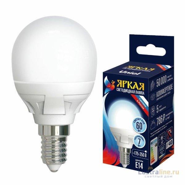 Лампа светодиодная Uniel LED-G45 7W/6500K/E14/FR PLP01WH UL-00011018
