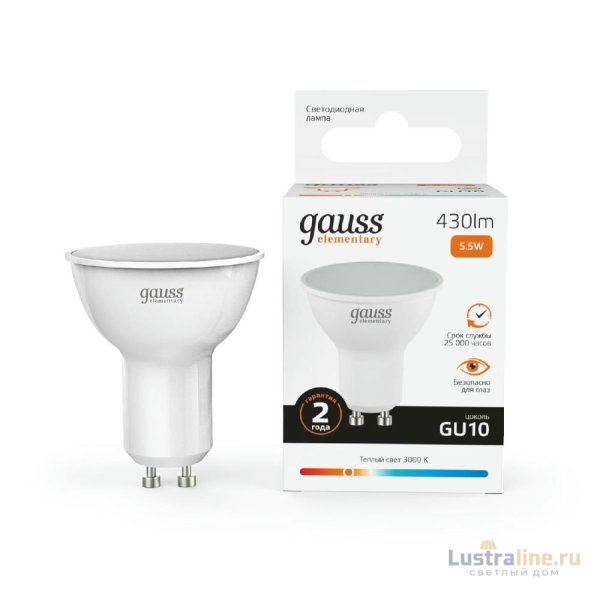 Лампа cветодиодная Gauss GU10 5.5W 3000K матовая 13616 Лампа cветодиодная Gauss GU10 5.5W 3000K матовая 13616