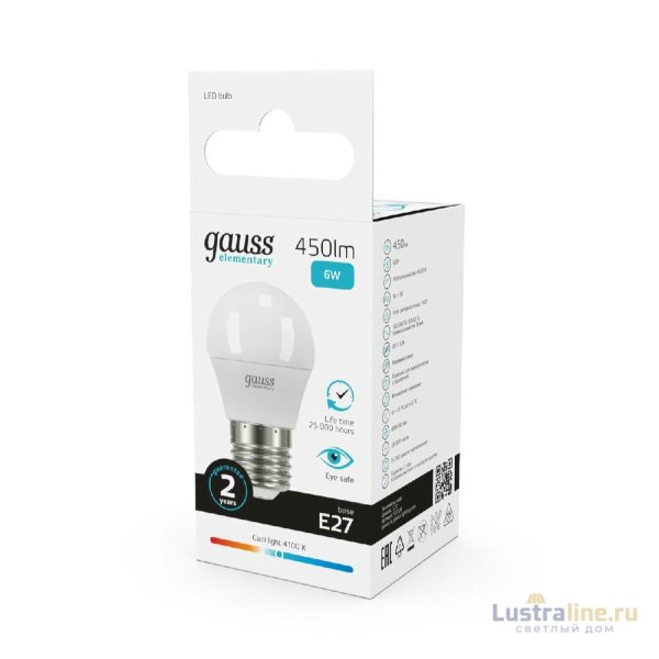 Лампа cветодиодная Gauss E27 6W 4100K шар матовый 53226 Лампа cветодиодная Gauss E27 6W 4100K шар матовый 53226
