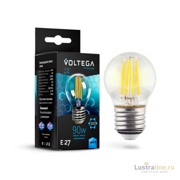 Лампа светодиодная филаментная Voltega E27 7W 4000K шар прозрачный VG10-G45E27cold9W-F 7139 Лампа светодиодная филаментная Voltega E27 7W 4000K шар прозрачный VG10-G45E27cold9W-F 7139